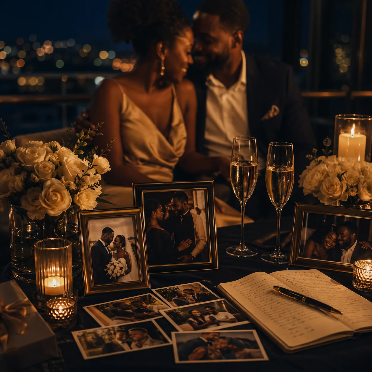 Romantic candlelit anniversary memory for an African American couple
