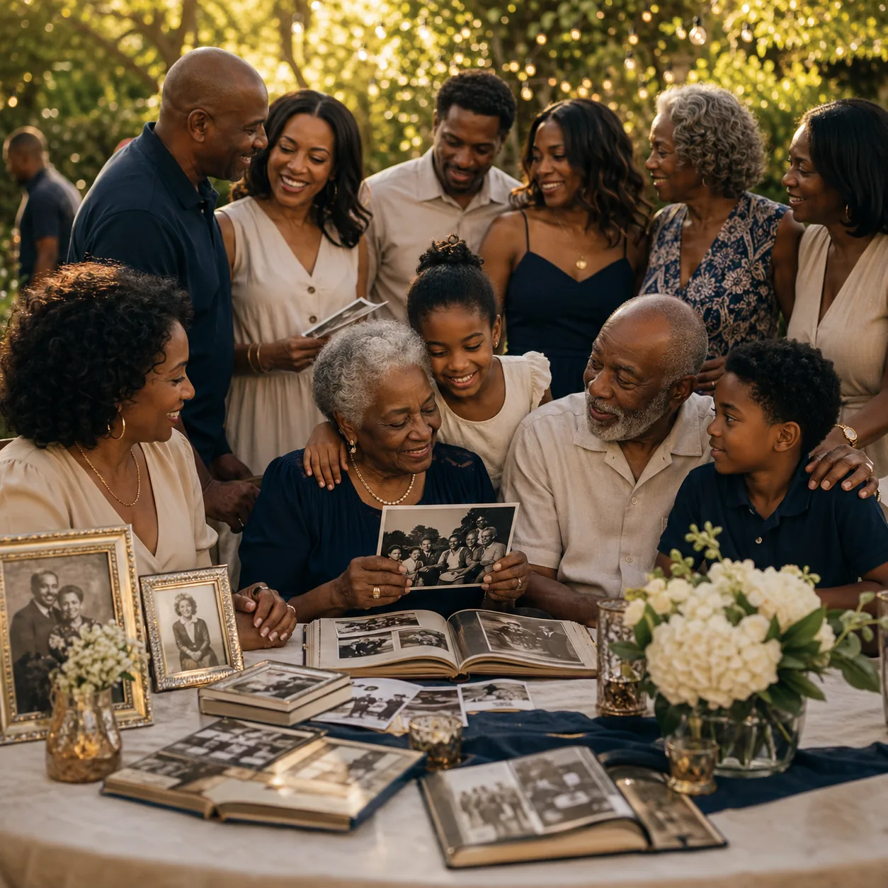 Multi-generational African American family reunion in warm daylight