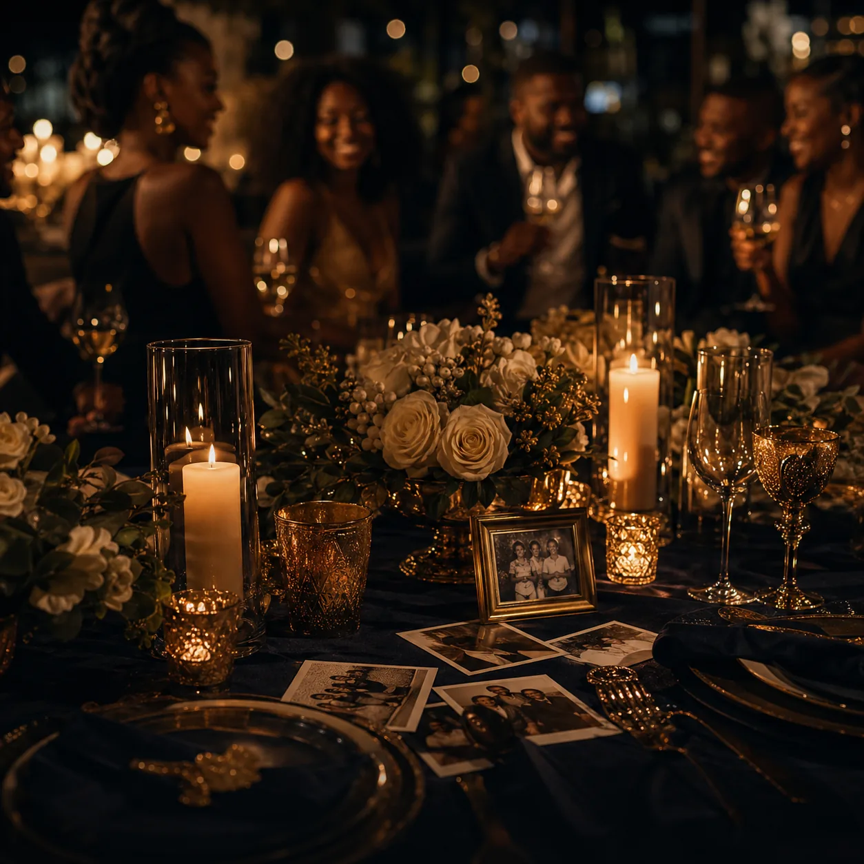 Private candlelit celebration with African American guests and memory details